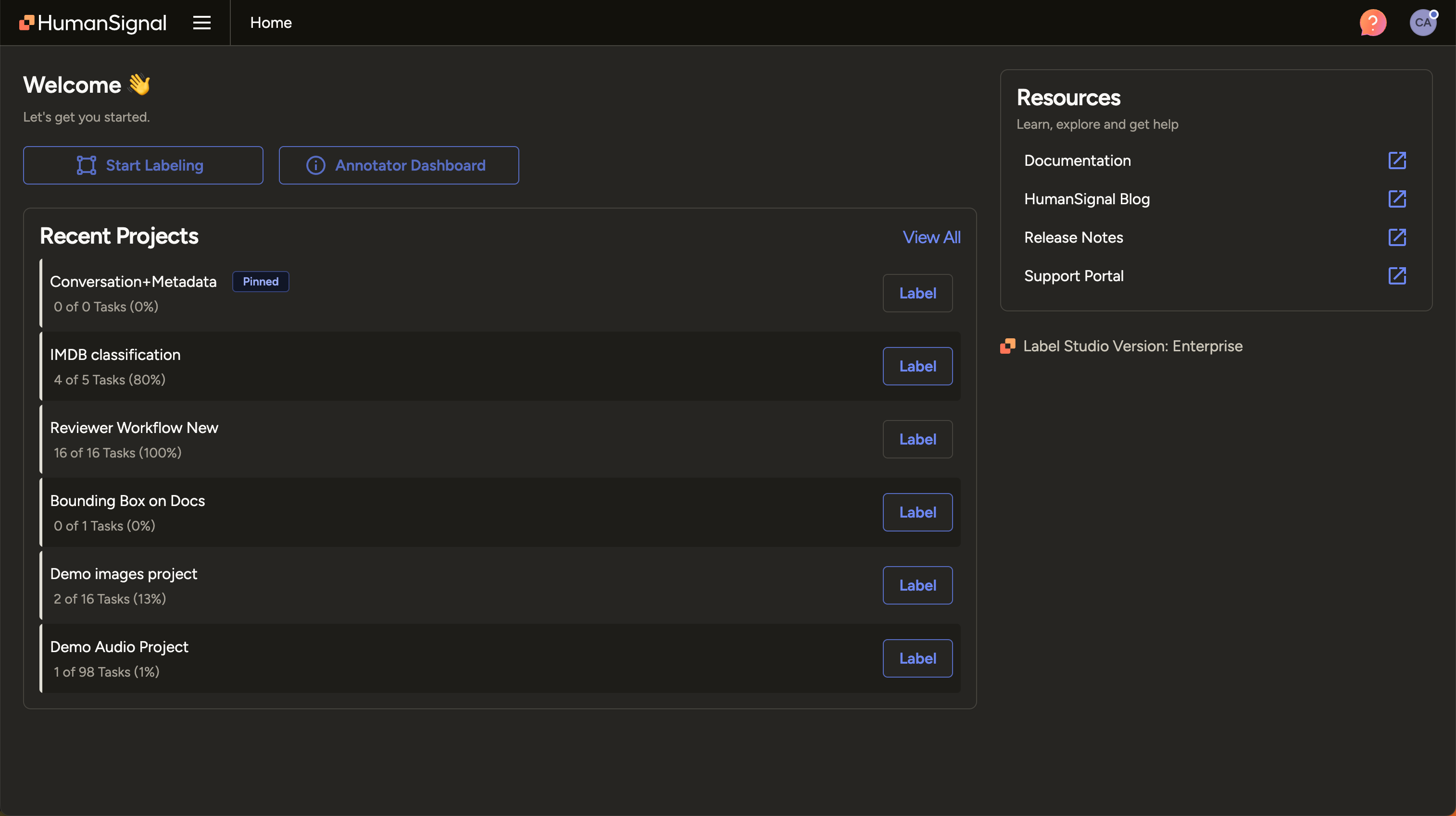 Screenshot of home page