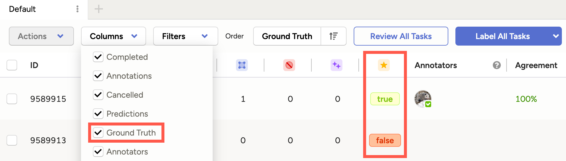 screenshot of ground truth column
